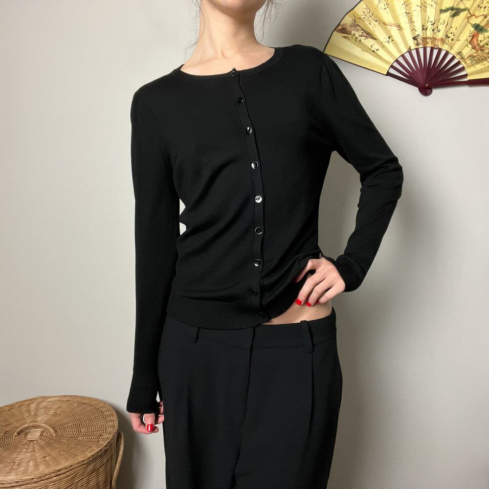 y2k vintage black minimalist silk knit button cardigan sweater top